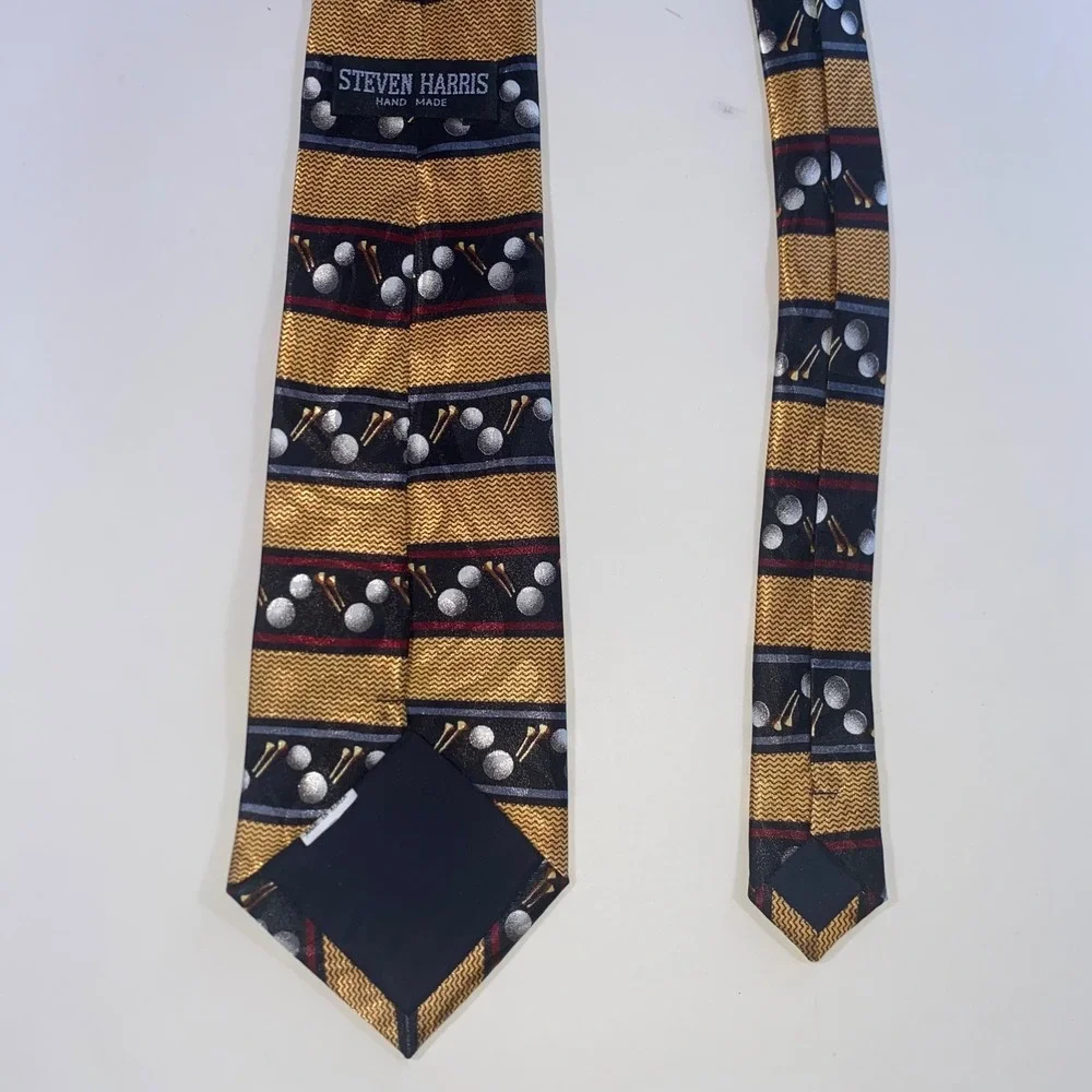 Steven Harris‎ Mens Golf Ball and Tee Striped Gold Black Polyester Necktie Tie